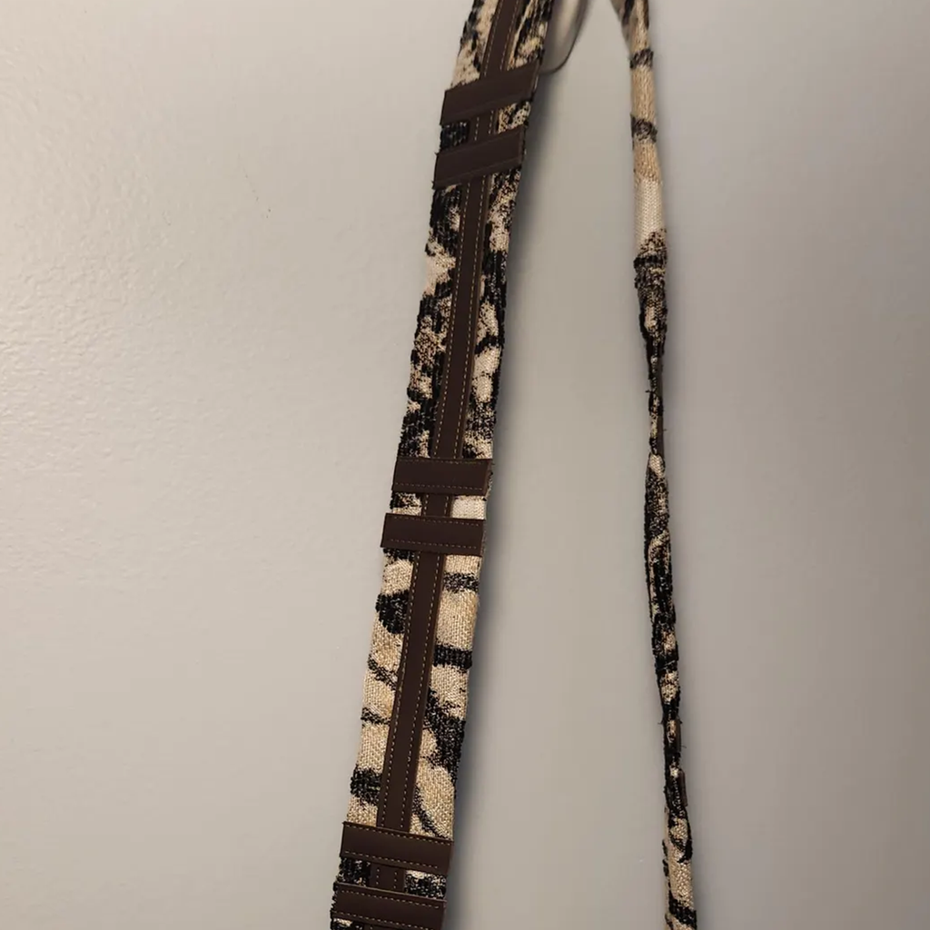 Monochrome Leaf Print Slouchy Shoulder Carryall With Bronze Metal Ring Hardware And Brown Lined Interior Slip Slot