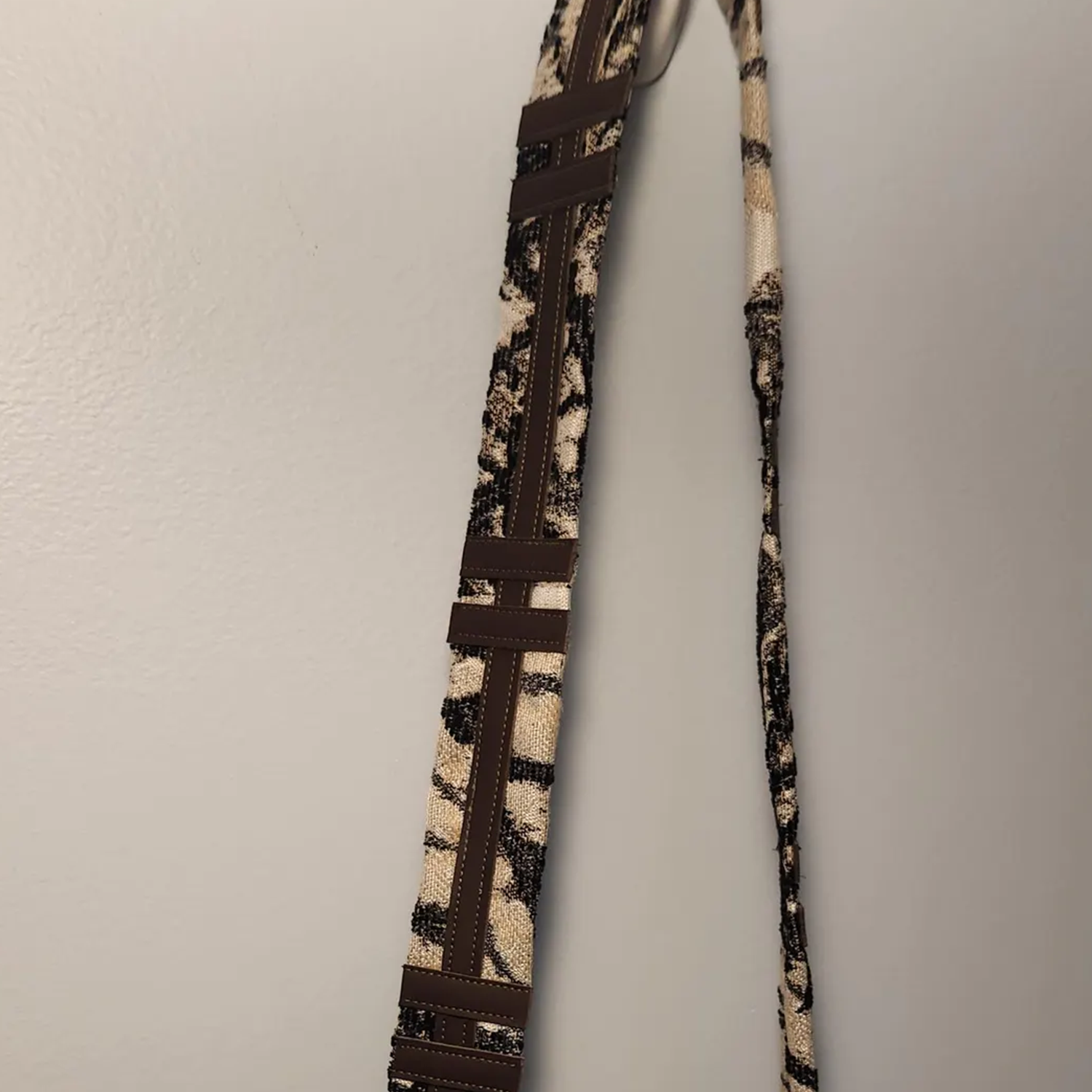 Monochrome Leaf Print Slouchy Shoulder Carryall With Bronze Metal Ring Hardware And Brown Lined Interior Slip Slot