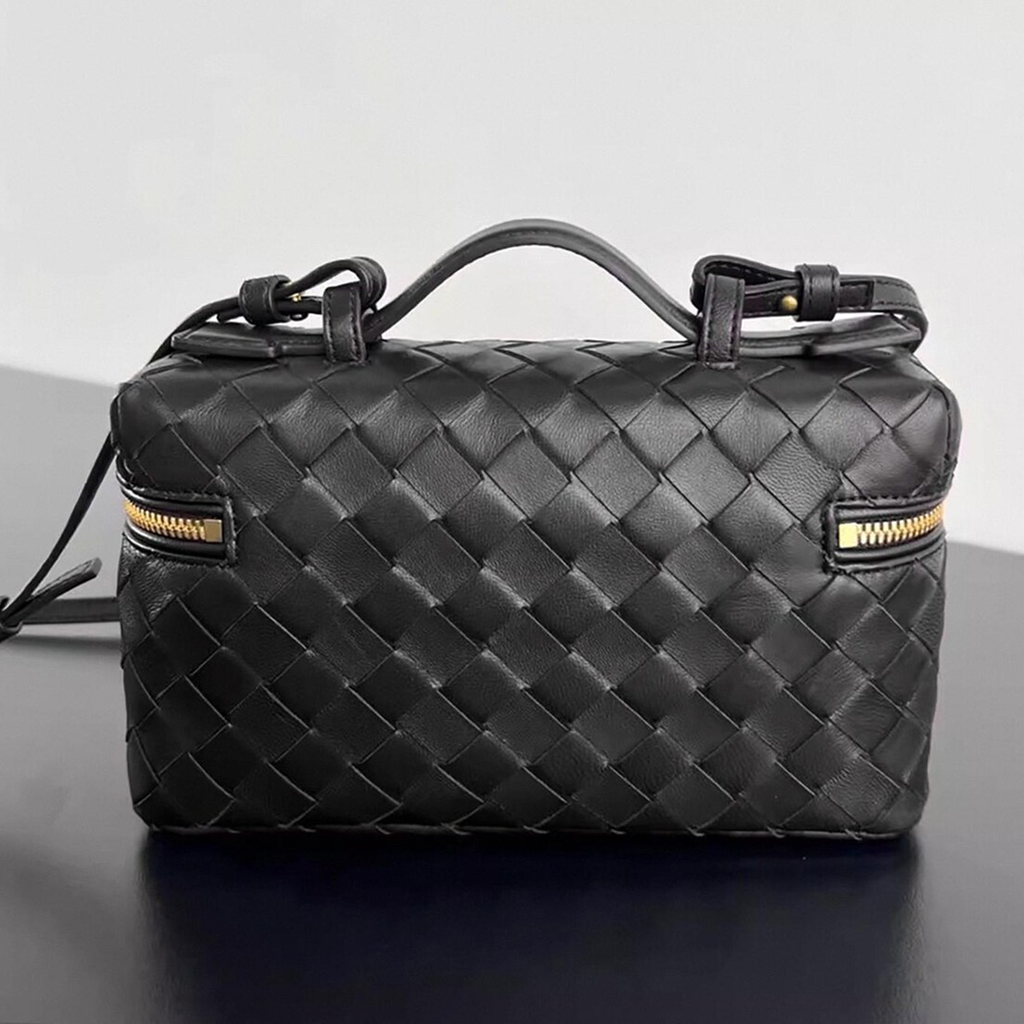 Interlaced Diamond Woven Box Carry Case With Gold Dual-Zip Hardware, Curved Top Grip And Detachable Side Hanging Band