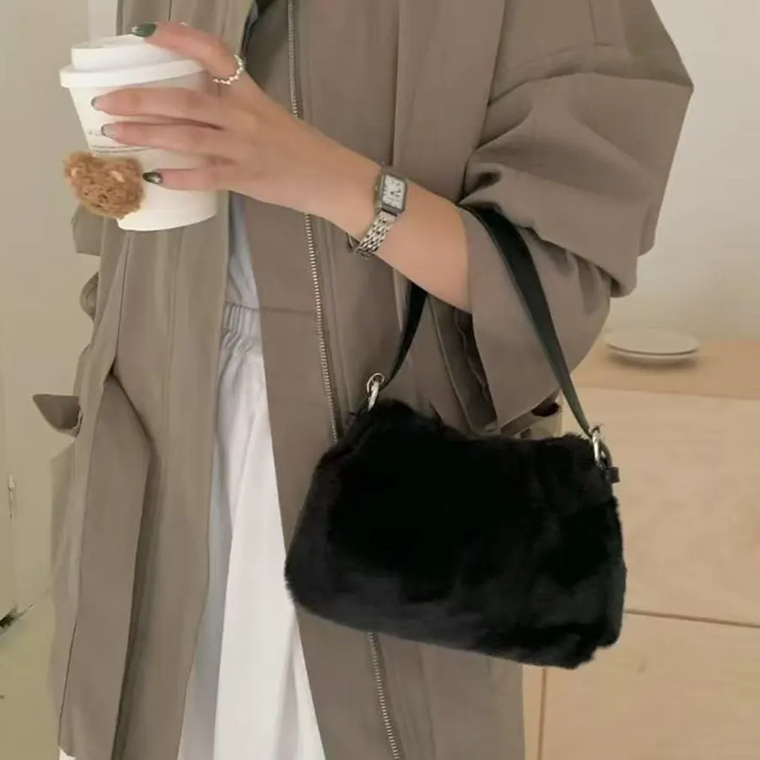 Dual Neutral Plush Fuzzy Mini Underarm Rectangular Carry Piece With Silver Metal Hardware And Top Slide Fastener Closure Handbag