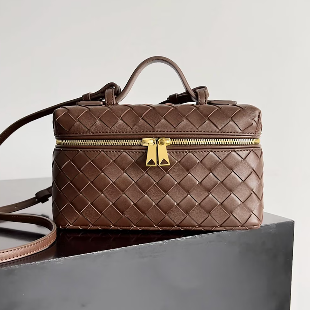 Interlaced Diamond Woven Box Carry Case With Gold Dual-Zip Hardware, Curved Top Grip And Detachable Side Hanging Band