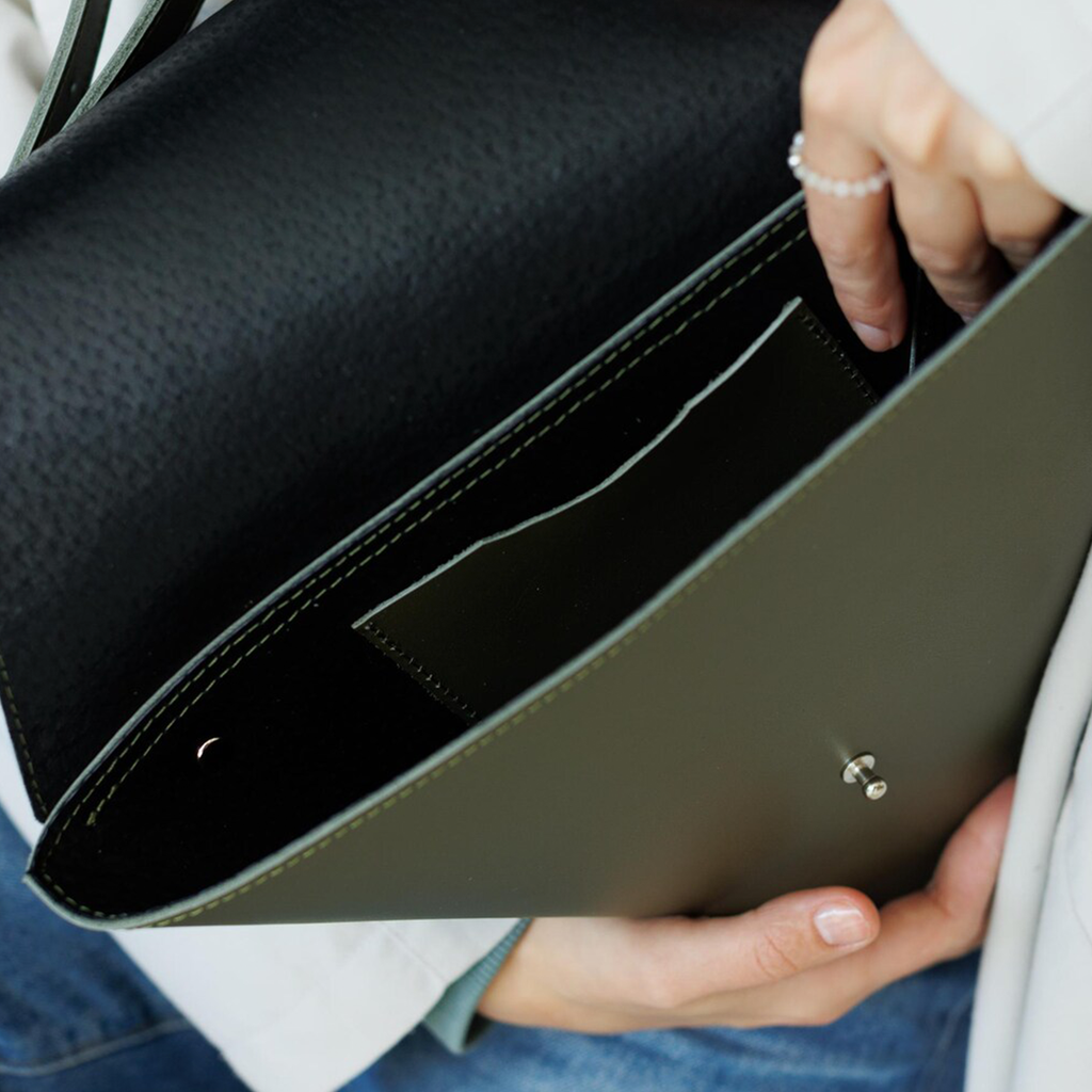 Muted Olive Geometric Triangle Flap Pouch With Metal Snap Closure, Rivet Trim And Detachable Long Hanging Shoulder Band