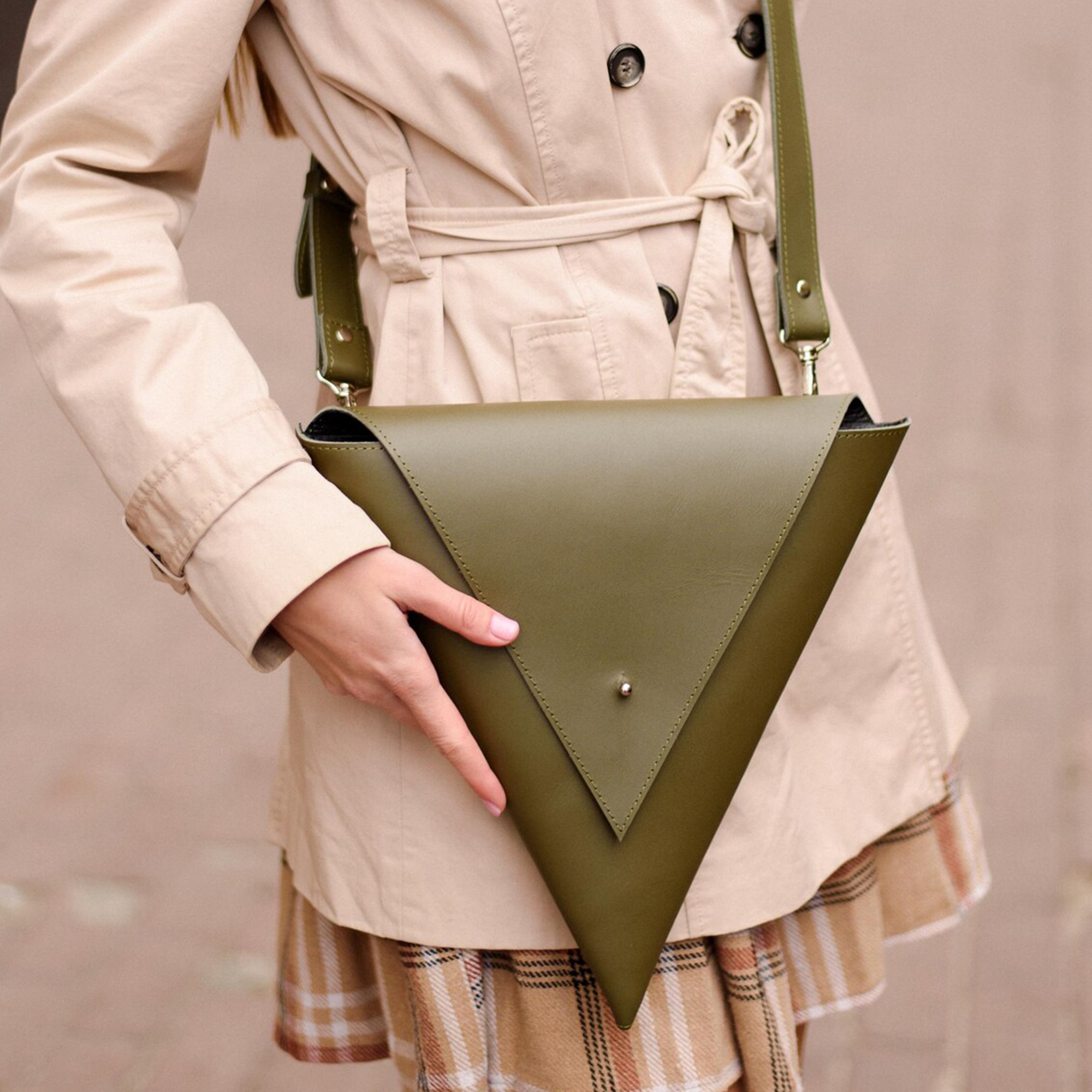 Muted Olive Geometric Triangle Flap Pouch With Metal Snap Closure, Rivet Trim And Detachable Long Hanging Shoulder Band