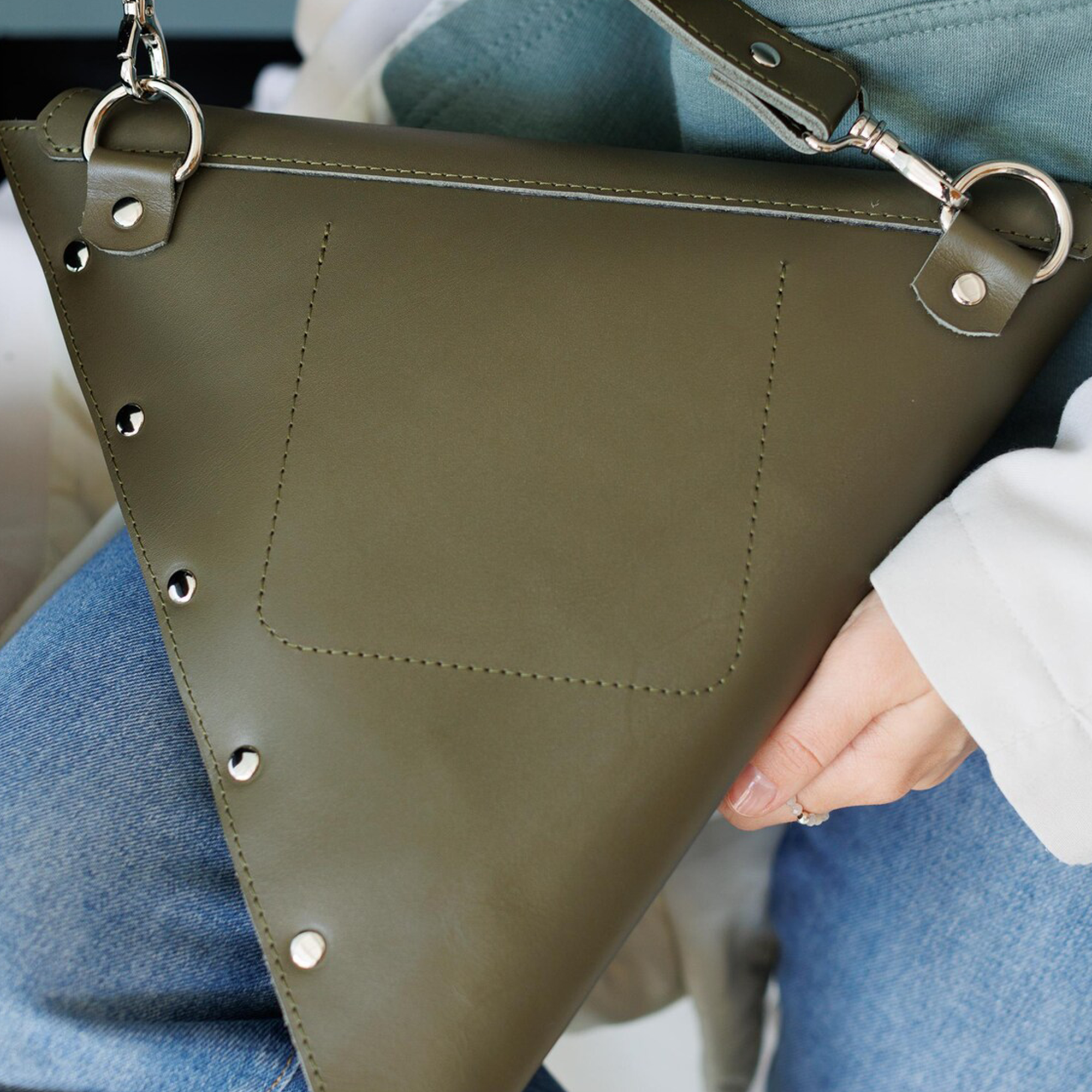 Muted Olive Geometric Triangle Flap Pouch With Metal Snap Closure, Rivet Trim And Detachable Long Hanging Shoulder Band