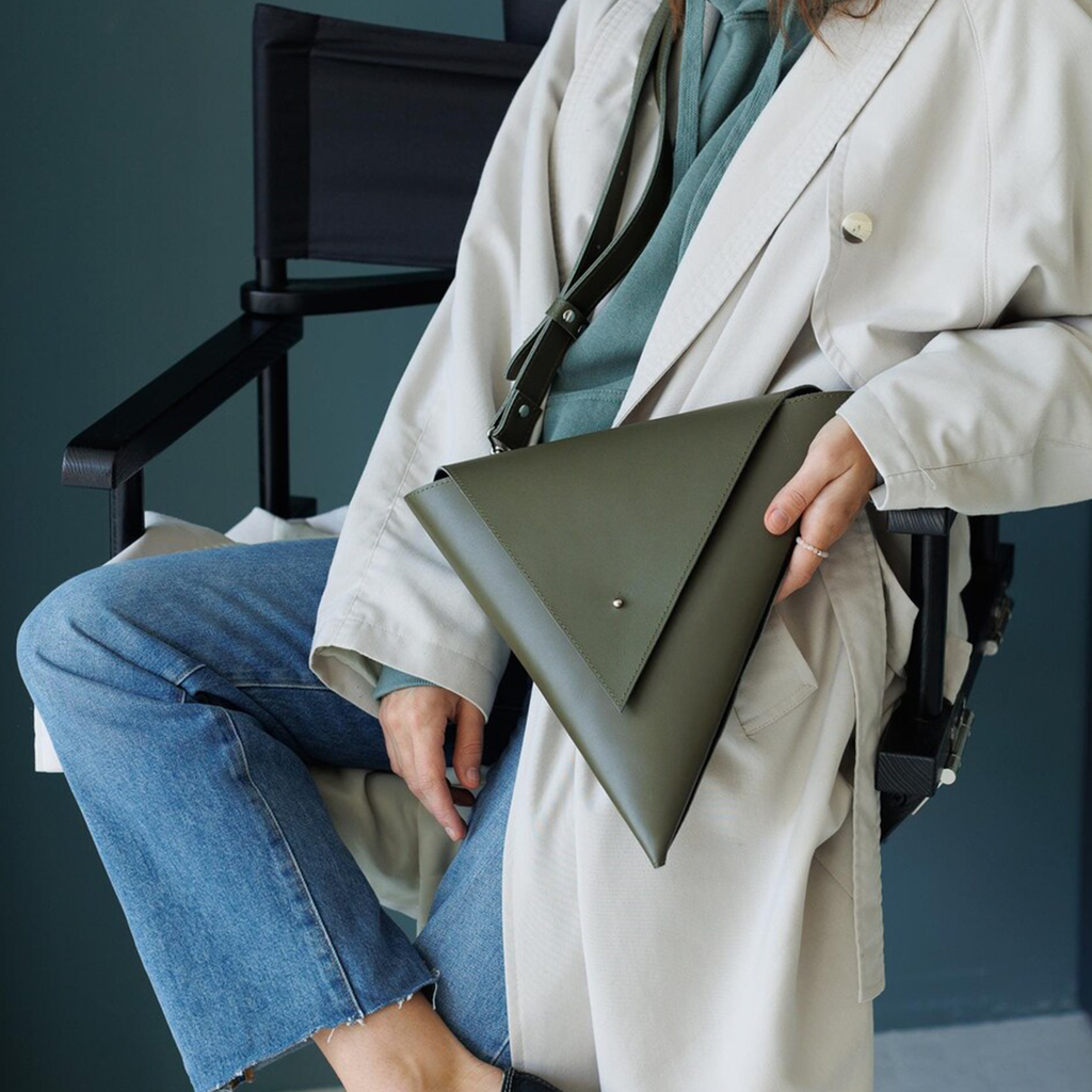 Muted Olive Geometric Triangle Flap Pouch With Metal Snap Closure, Rivet Trim And Detachable Long Hanging Shoulder Band