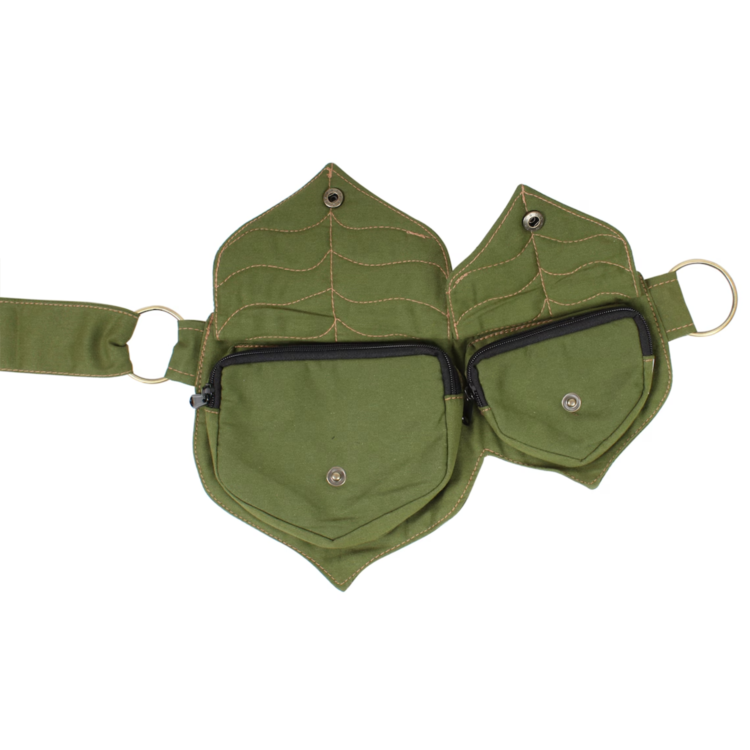 Dual Leaf Stitched Waist Storage Piece With Antique Snap Hardware And Brass Ring Anchor Fixtures