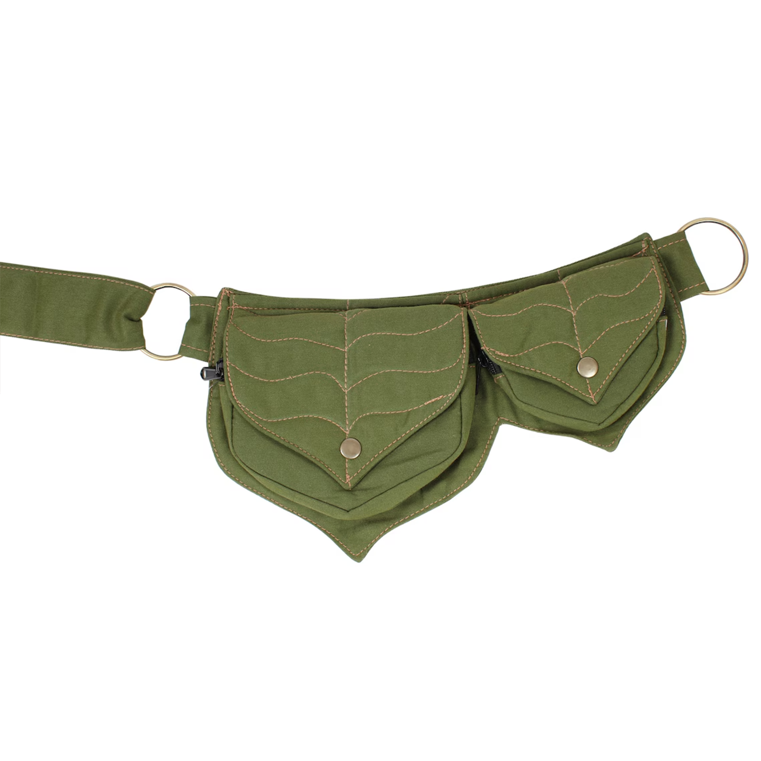 Dual Leaf Stitched Waist Storage Piece With Antique Snap Hardware And Brass Ring Anchor Fixtures