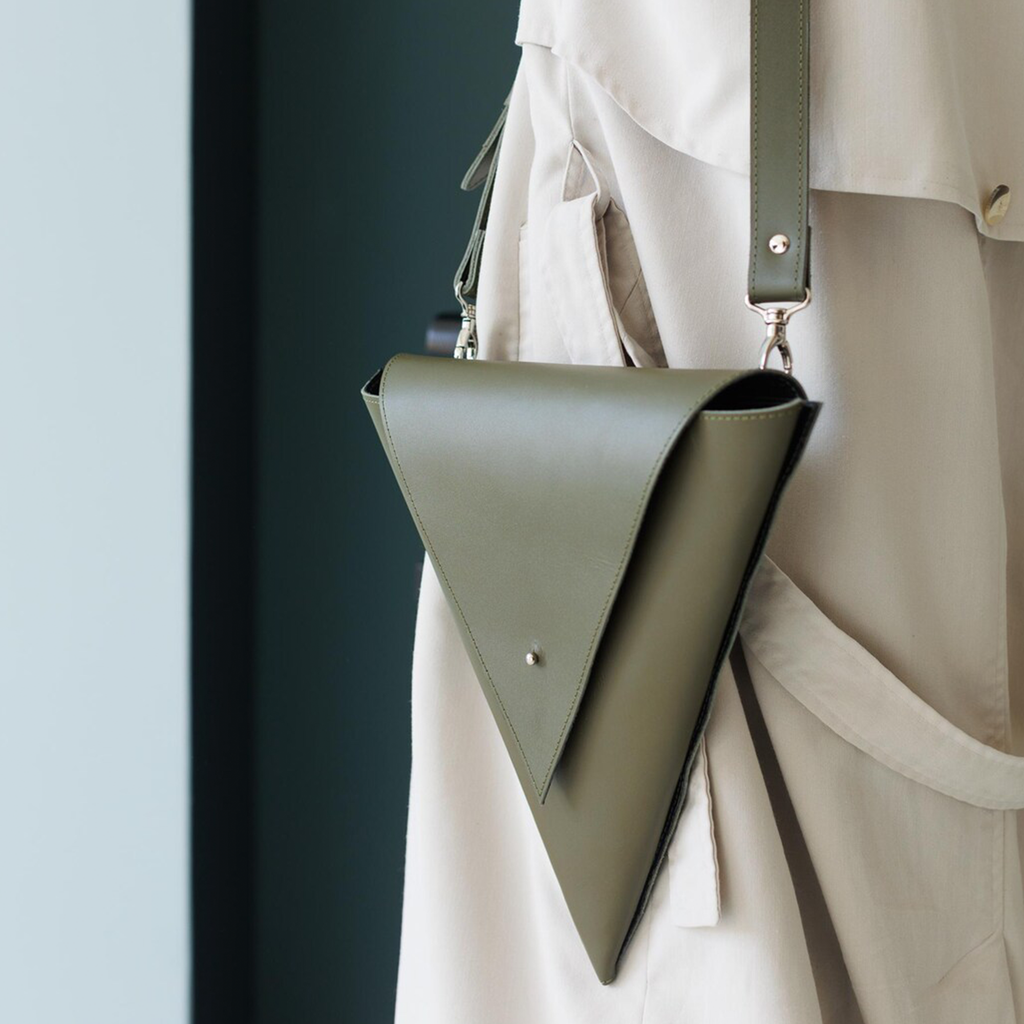Muted Olive Geometric Triangle Flap Pouch With Metal Snap Closure, Rivet Trim And Detachable Long Hanging Shoulder Band