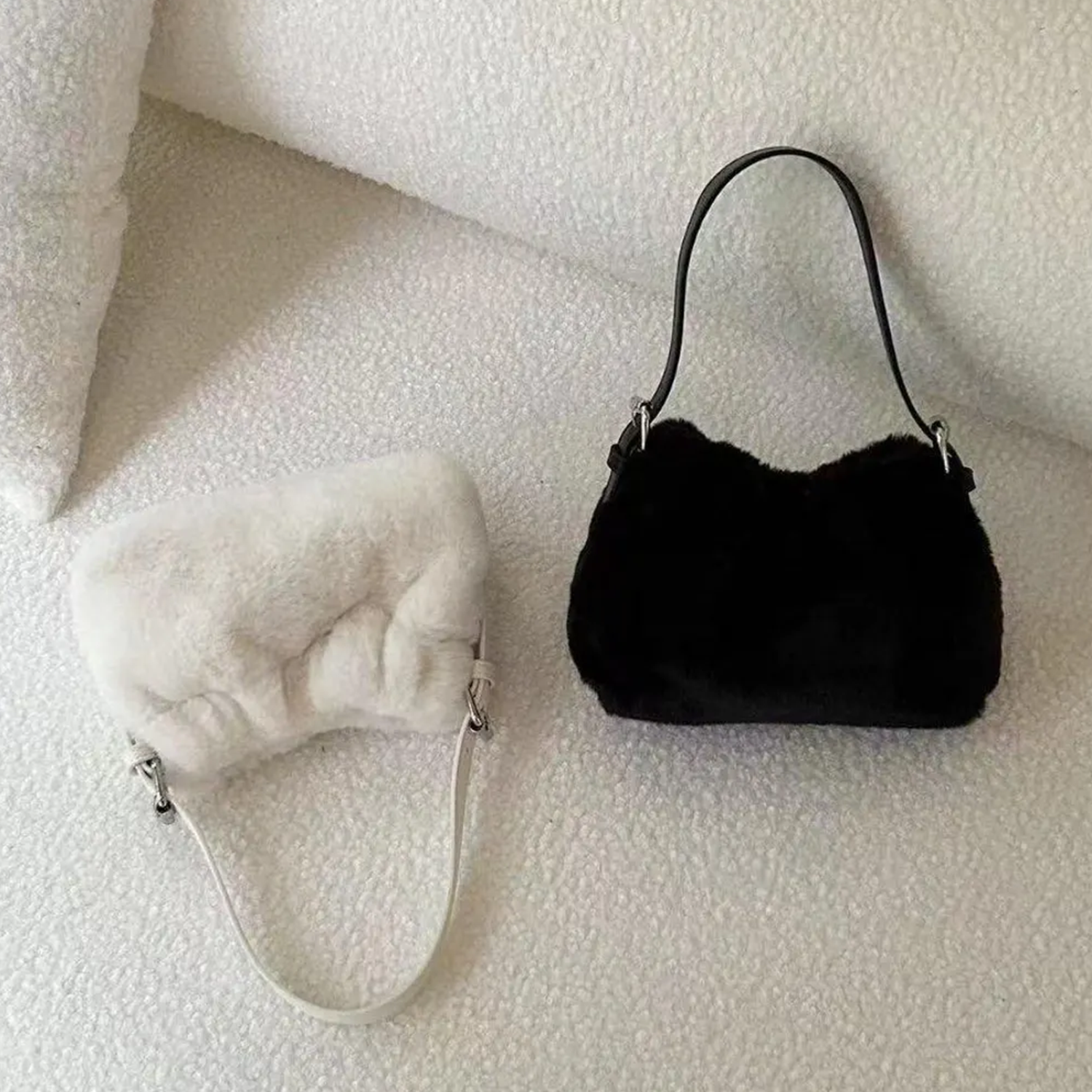 Dual Neutral Plush Fuzzy Mini Underarm Rectangular Carry Piece With Silver Metal Hardware And Top Slide Fastener Closure Handbag