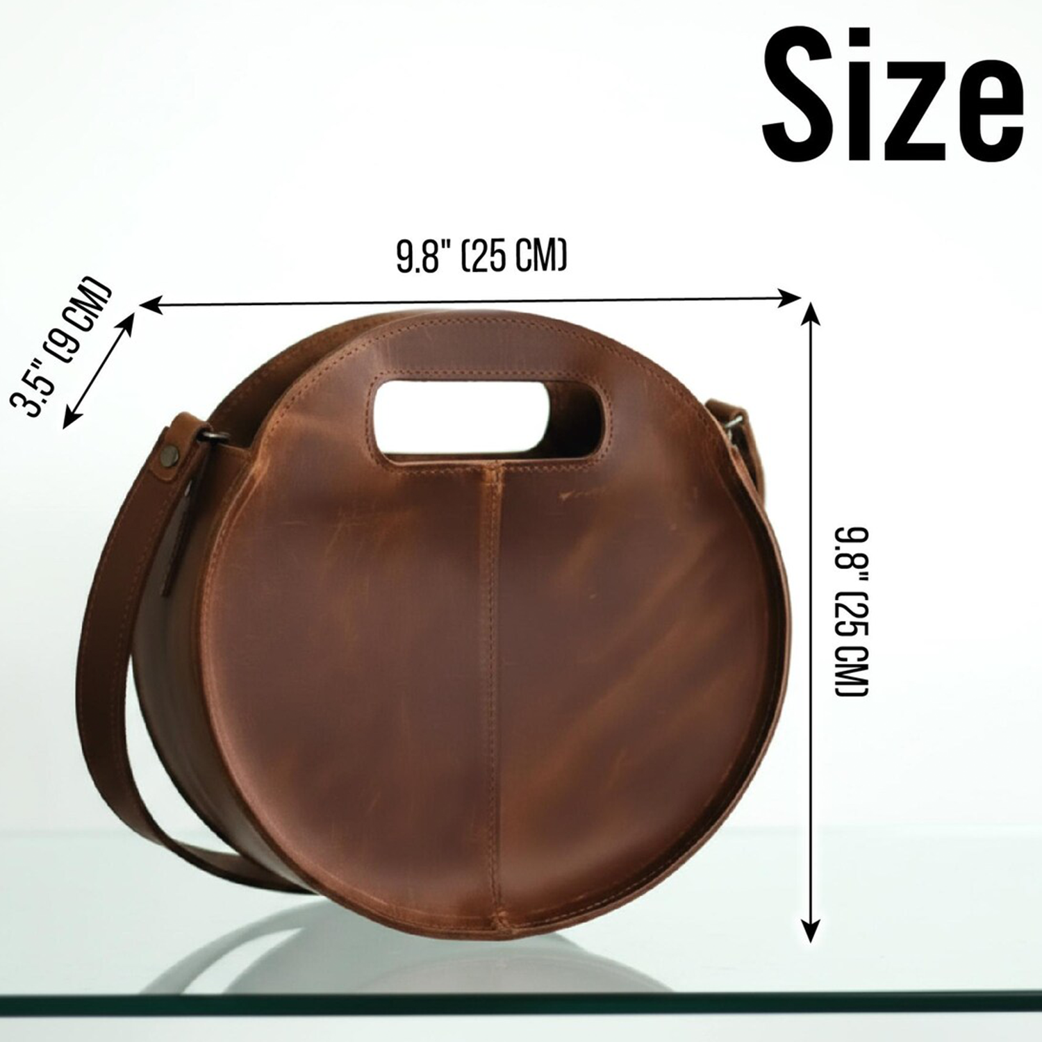 Warm Caramel Circular Hollow Handle Shoulder Bag With Central Vertical Stitch Seam And Side Mounted Long Hanging Fixture