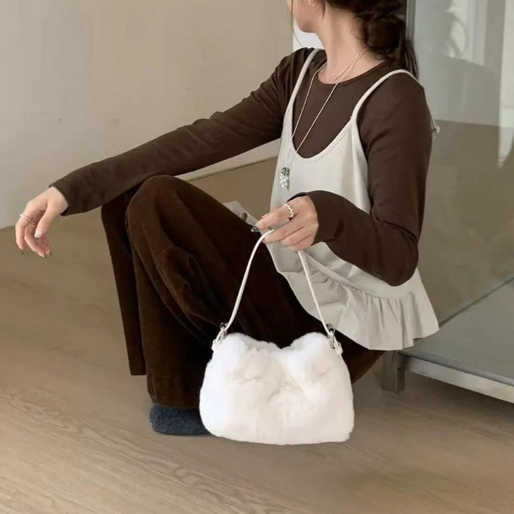 Dual Neutral Plush Fuzzy Mini Underarm Rectangular Carry Piece With Silver Metal Hardware And Top Slide Fastener Closure Handbag