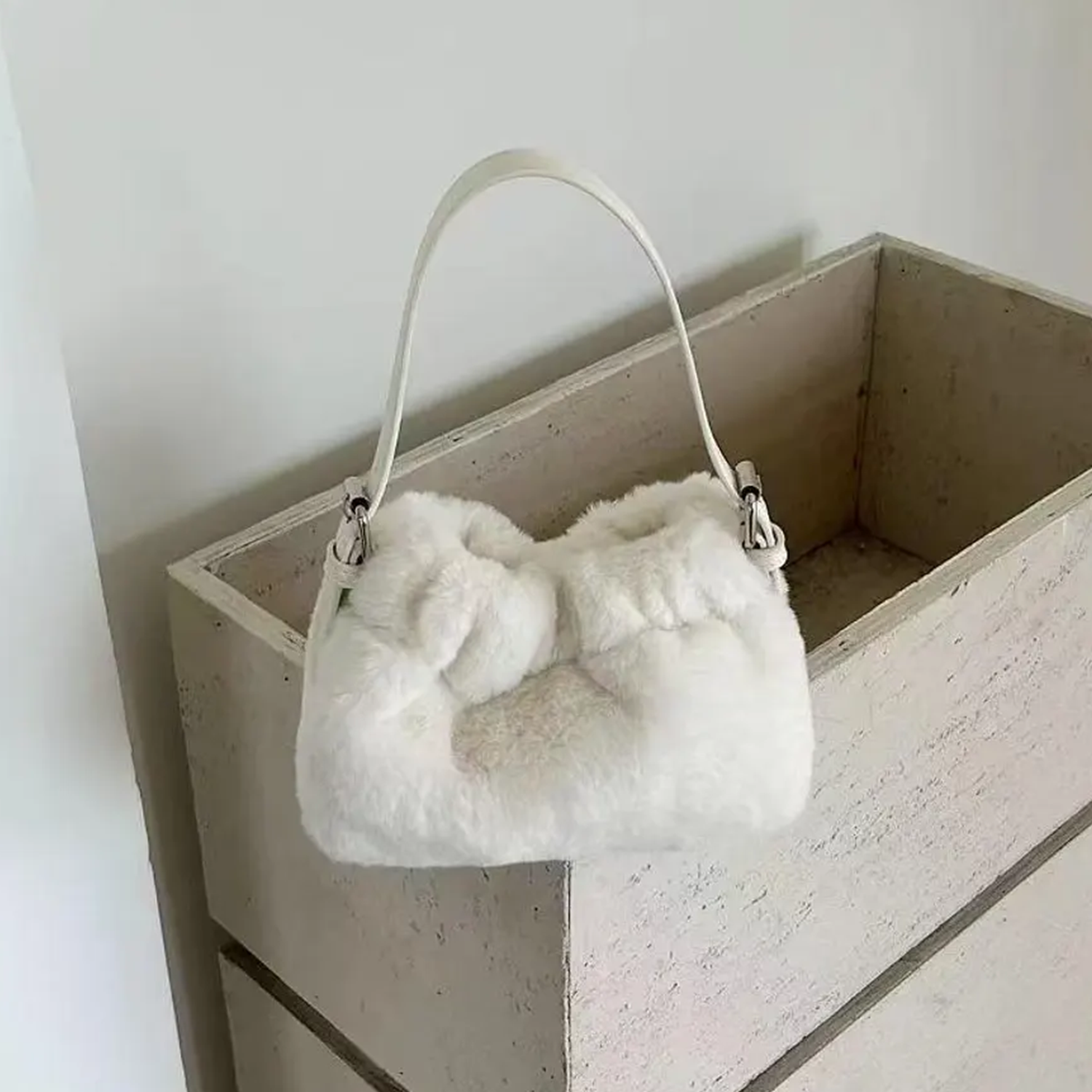 Dual Neutral Plush Fuzzy Mini Underarm Rectangular Carry Piece With Silver Metal Hardware And Top Slide Fastener Closure Handbag