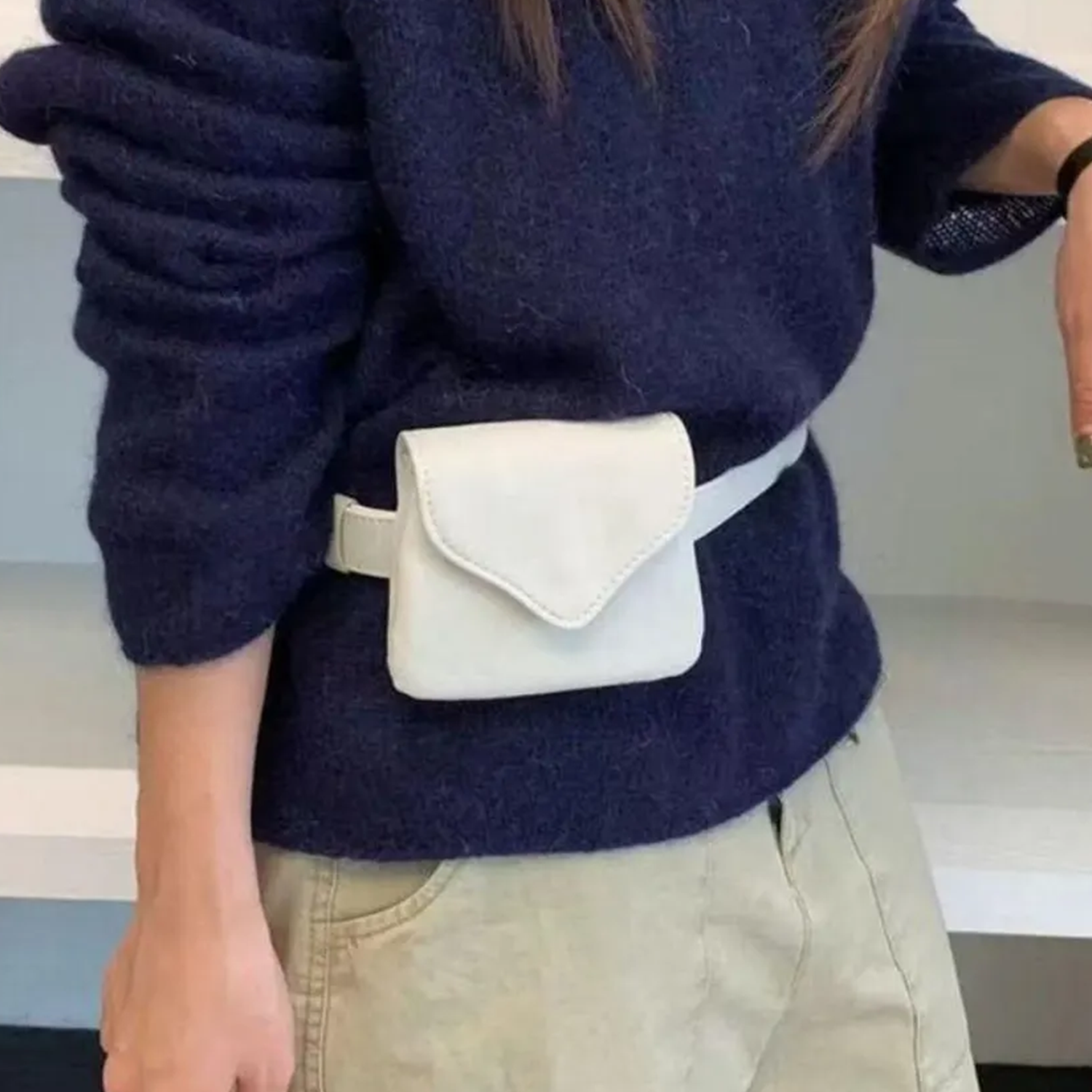 Tri Neutral Tone Envelope Flap Mini Waist Pouch With Snap Closure And Internal Segmented Storage Slots